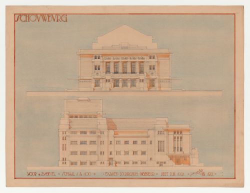 Student presentation drawing showing the principal and lateral elevations for a theatre, Technische Hogeschool Delft, Netherlands