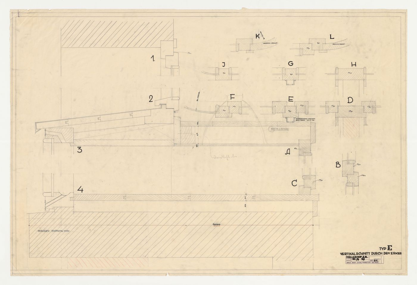 Sections for an alcove for a type E housing unit, Hellerhof Housing Estate, Frankfurt am Main, Germany