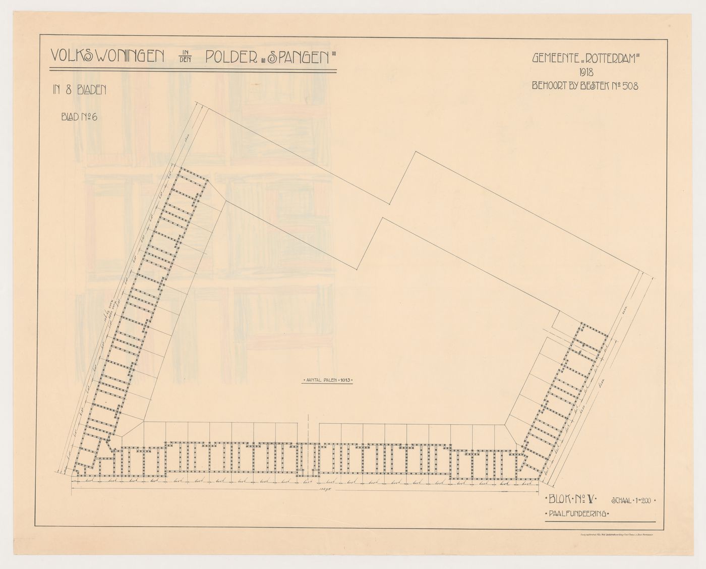 Piling plan for Block 5, Spangen Housing Estate, Rotterdam, Netherlands; verso: Elevation [?] for Block 5, probably showing the exterior colour scheme, Spangen Housing Estate, Rotterdam, Netherlands