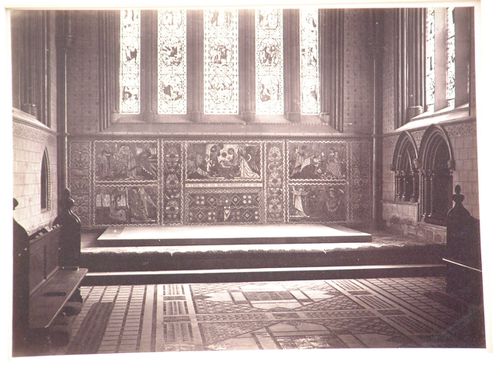 Interior view of lower portion of Lady Chapel, Chester Cathedral, including wall decorations and part of windows, Chester, England
