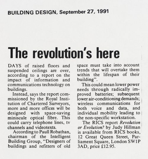 Photocopy of an article from the periodical "Building Design" about the use of optical fibre in offices