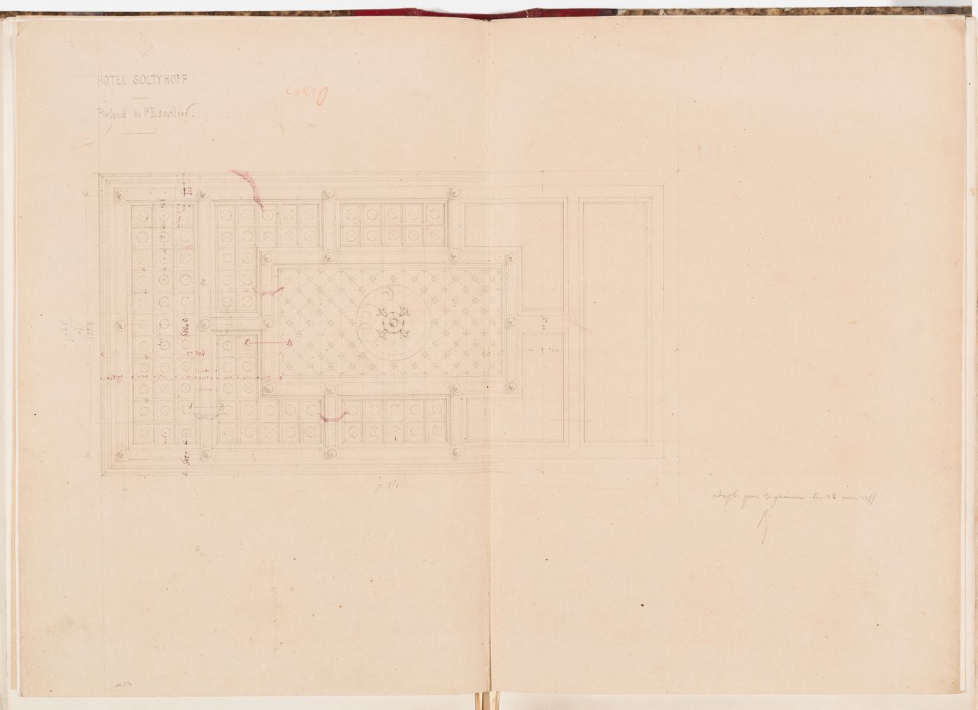 Reflected ceiling plan with moulding profiles for the grand staircase, Hôtel Soltykoff