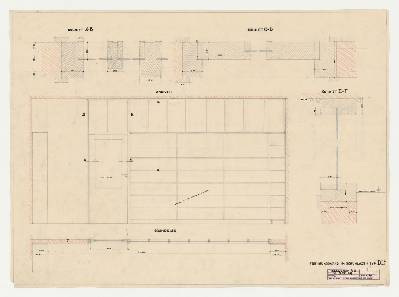 Elevation, plan, and sections for a partition wall for a type DL2 shoemaker store, Hellerhof Housing Estate, Frankfurt am Main, Germany