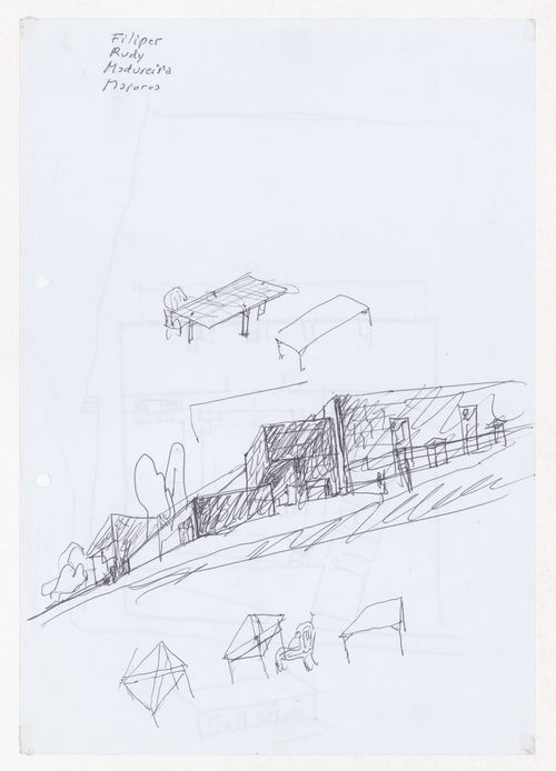 Sketch axonometric views for Biblioteca de Humanidades da Universidade de Salamanca, Salamanca, Spain; verso: Sketch plan and axonometric view for  Biblioteca de Humanidades da Universidade de Salamanca, Salamanca, Spain