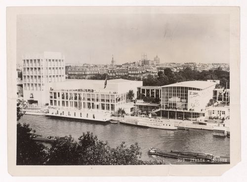 View of Italy's and Switzerland's pavilions with the Seine in the foreground and the city in the background, 1937 Exposition internationale, Paris, France