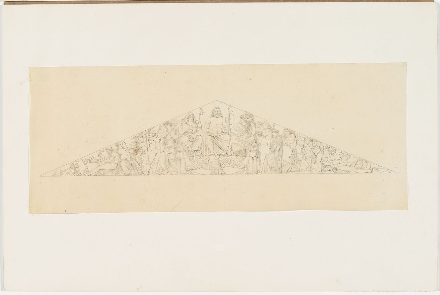 Drawing of a nineteenth century pediment, including sculptures of Jupiter, Juno, Neptune, Vulcan, Mercury, Herakles, and an imperial eagle