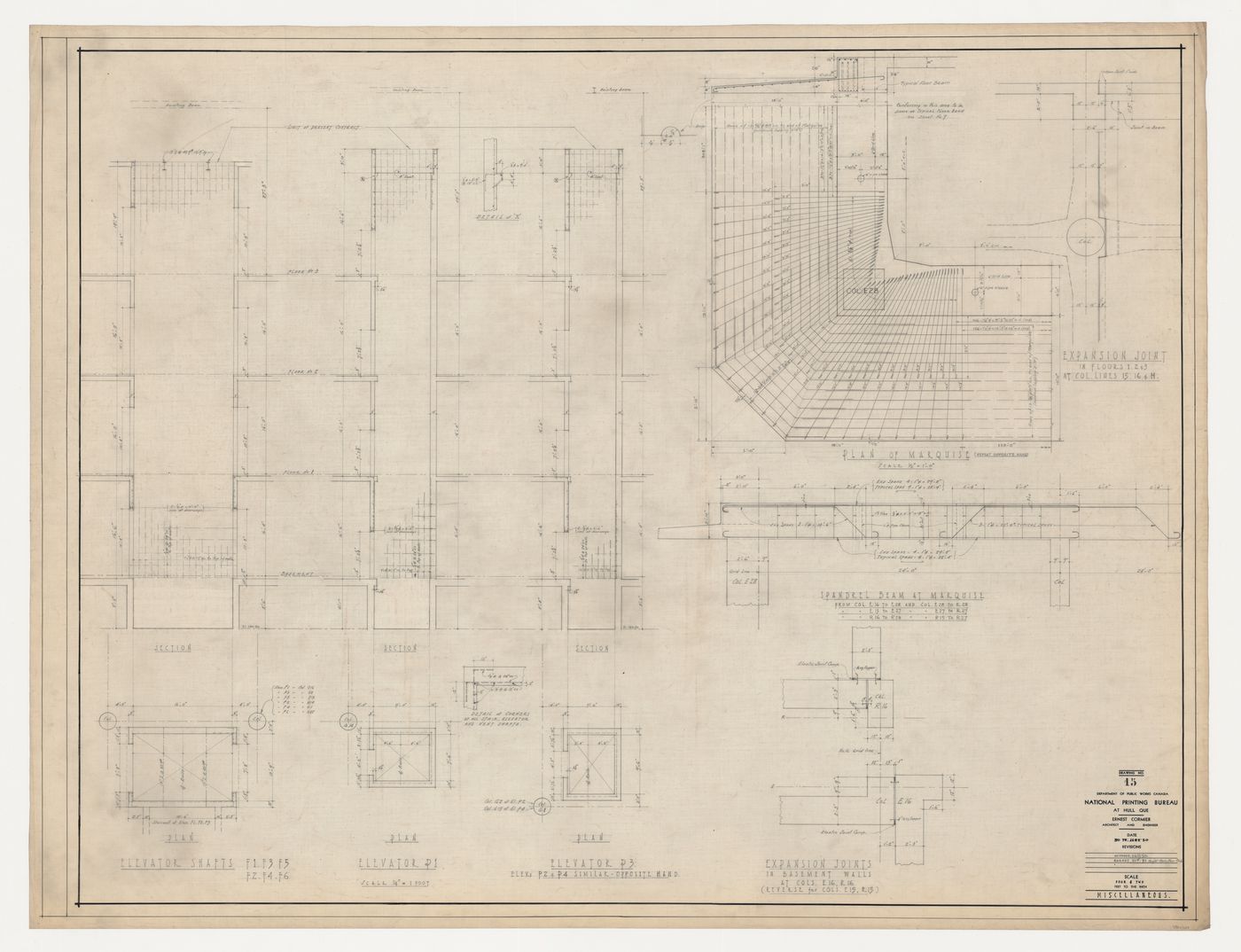 Ascenseur, poutrelle, joint de dilatation, marquise, etc. : coupes, plans et détails,  Imprimerie Nationale du Canada, Hull, Québec, Canada