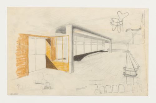 Interior perspective for the waiting room for the Chapel of Faith or the Chapel of Hope with a plan for a bench [?] and sketches for chairs, Woodland Crematorium, Woodland Cemetery, Stockholm, Sweden