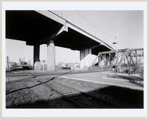 View of the côte St. Paul bridge over Lachine Canal and the Highway 20 overpass looking east from the intersection of côte St. Paul and de l'Église Avenue, Montréal, Québec