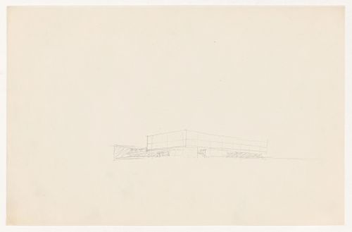 Perspective sketch for a campus building connected to an auditorium for Illinois Institute of Technology