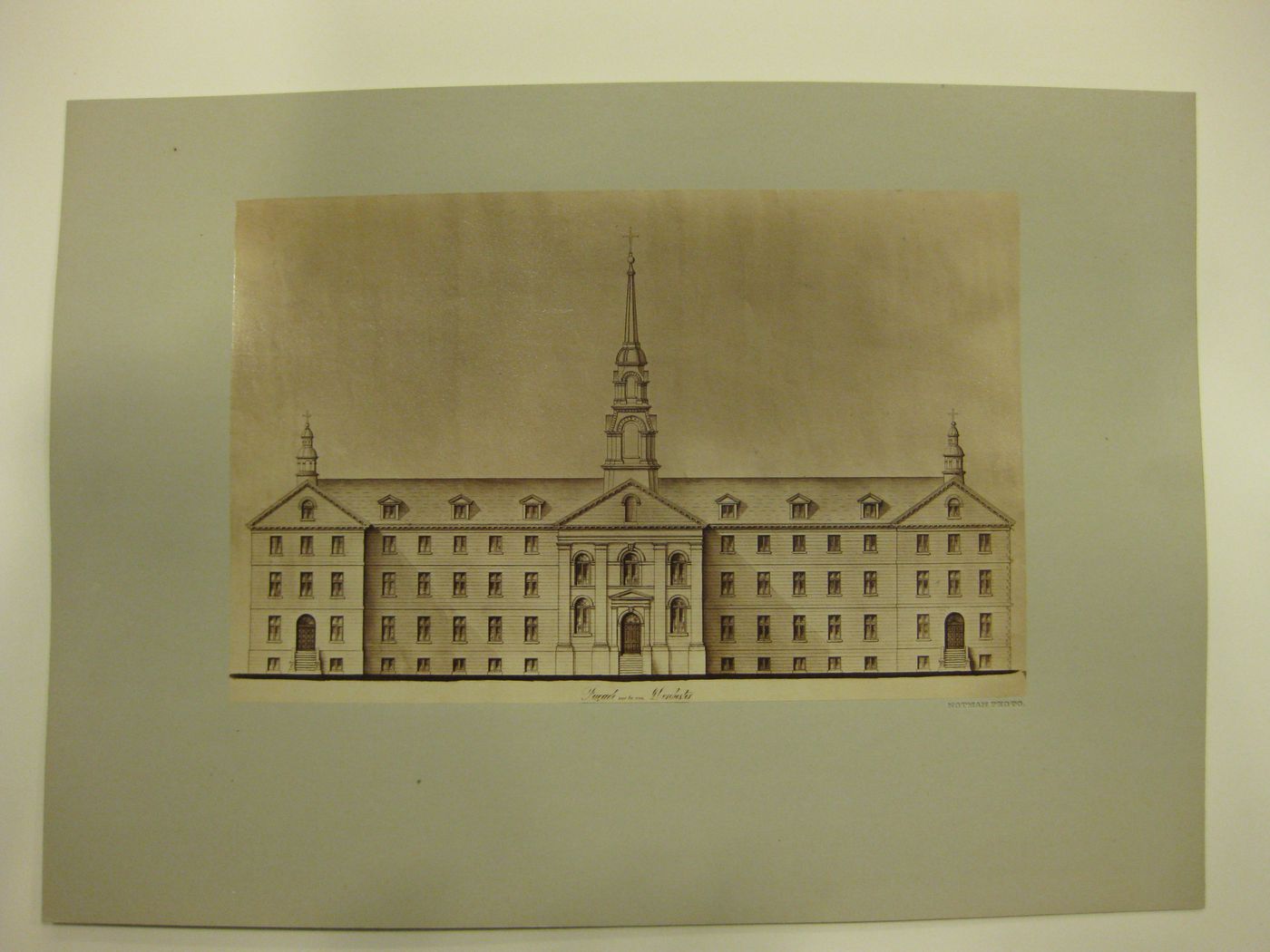 Photograph of a drawing of the Maison-mère des Soeurs Grises showing the east Dorchester Street (now René Lévesque Boulevard) façade, Montréal, Québec