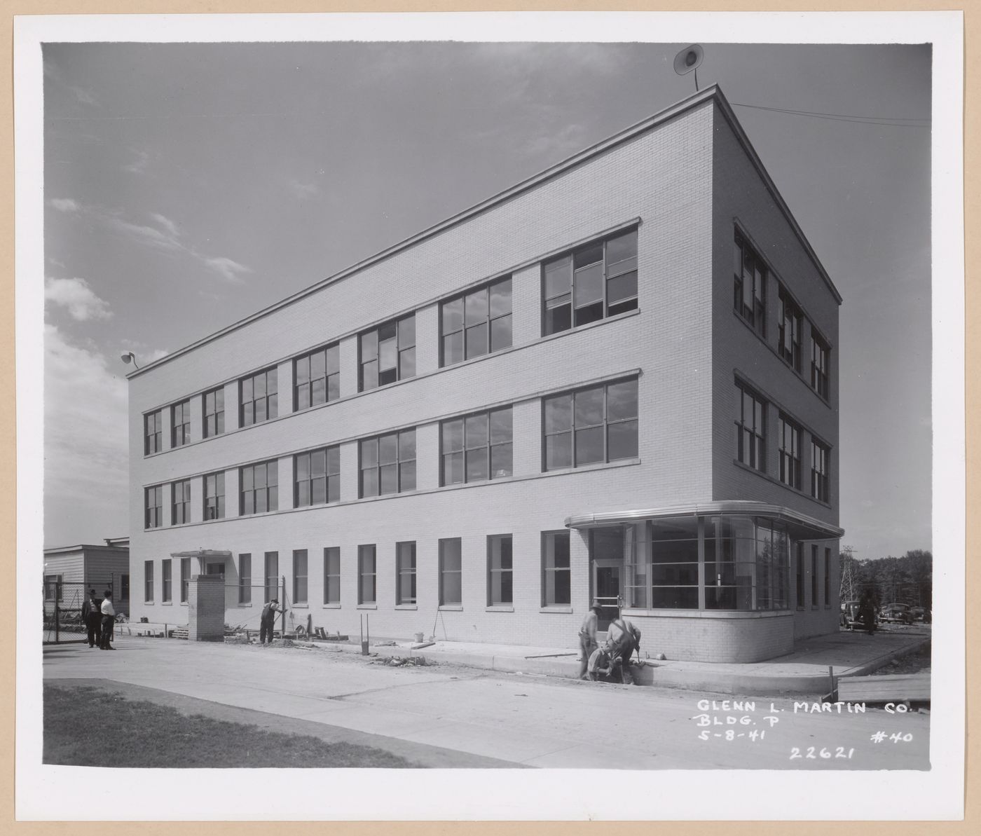View of the principal and lateral façades of the Employment Building (also known as Building P) under construction [?], Glenn L. Martin Company Navy Assembly Plant No. 1, Middle River, Maryland