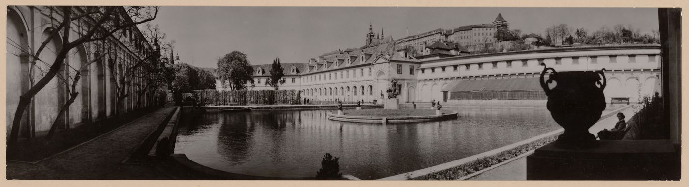Panoramic view of courtyard and fountain, of renaissance palace, Prague, Czech Republic