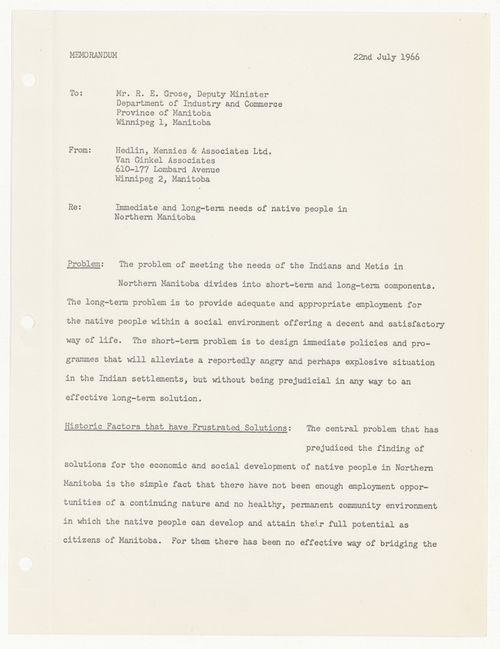 Memorandum titled "Immediate and long-term needs of native people in Northern Manitoba" for South Indian Lake, Manitoba