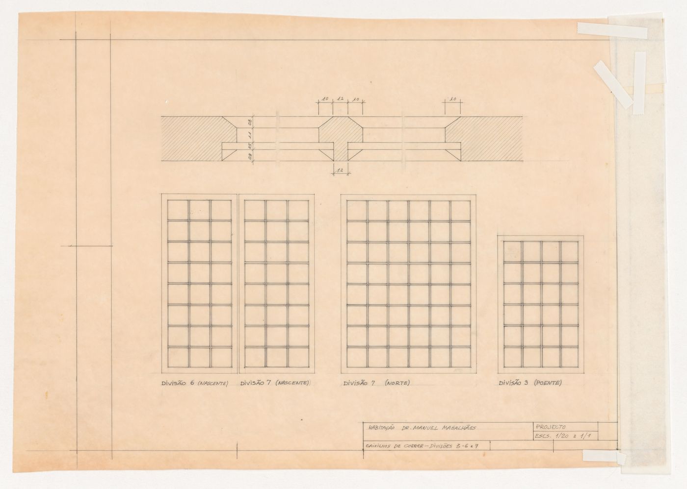 Plan and elevations for sliding window frames for Casa Manuel Magalhães, Porto