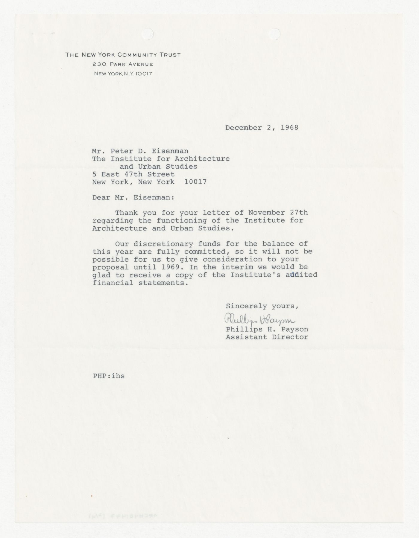 Correspondence between Peter D. Eisenman and Phillips H. Payson about a donation request