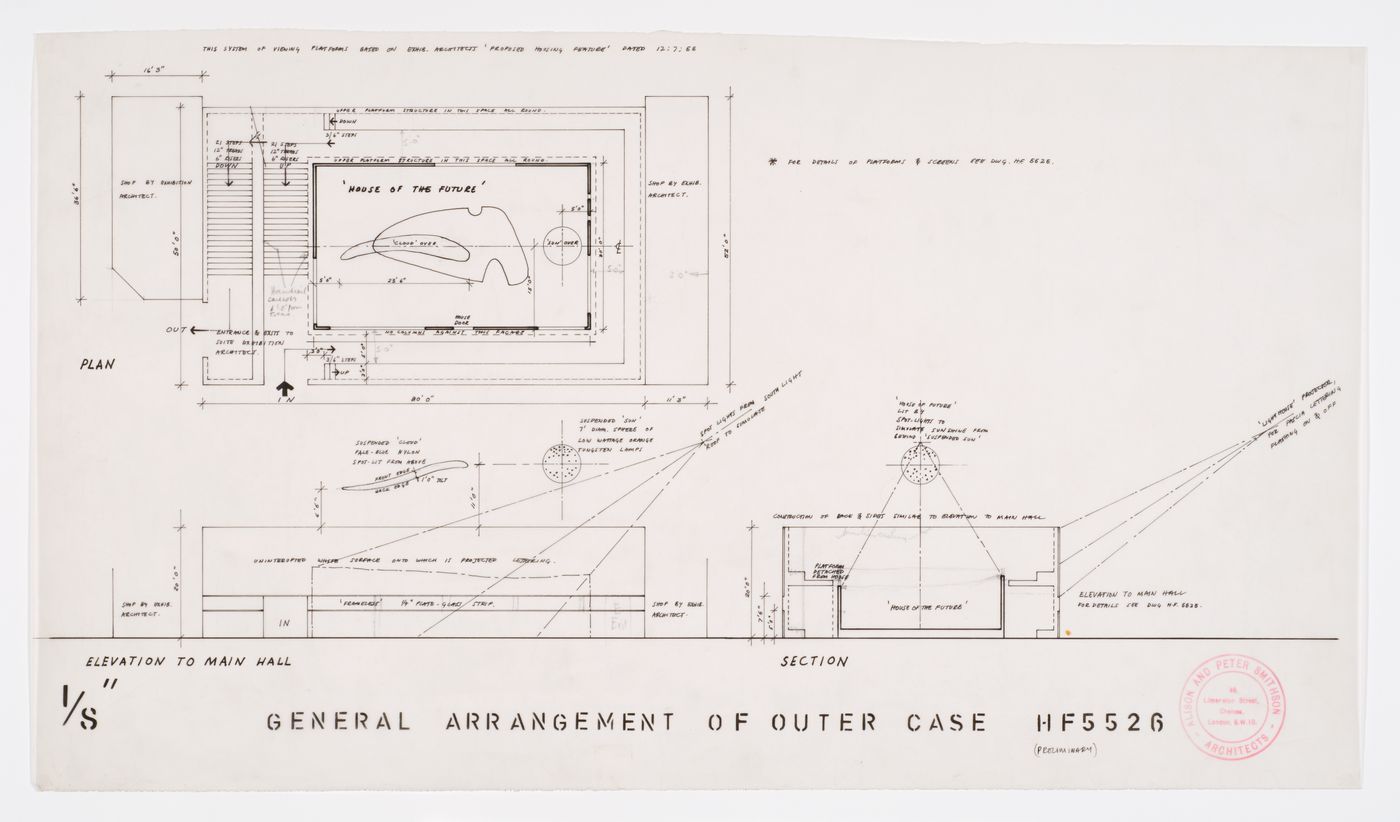 Plan, elevation and section for the arrangement of the viewing platform, House of the Future, Daily Mail Ideal Homes Exhibition, London, England