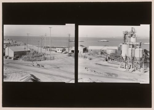 Panoramic composite photograph of the San Rafael Rock Quarry showing buildings, machinery and San Francisco Bay, Point San Pedro, San Rafael, Marin County, California, United States