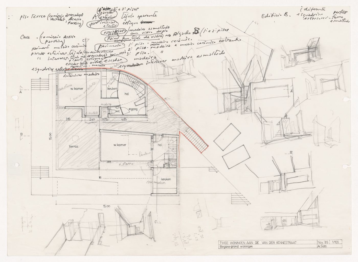 Plan and sketches for Duas habitações e duas lojas [Housing and shopping complex, Schilderswijk], The Hague