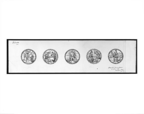 Five designs for round stained glass windows on the theme of Medieval entertainments