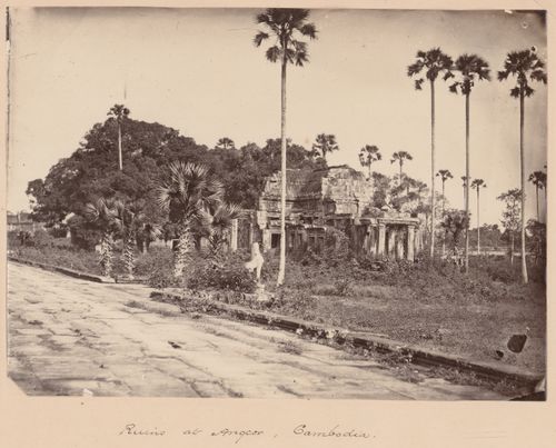 View of the north causeway library showing the causeway in the foreground, Angkor Wat, Siam (now in Cambodia)