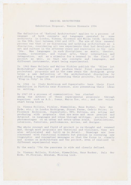 Correspondence and exhibition proposal for Hans Hollein related to the exhibition Radicals. Architecttura e Design 1960-1975