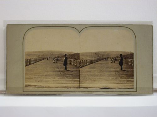 Stereograph of the Crumlin Viaduct prior to the addition of the railway tracks, with a man, possibly Thomas Kennard, Monmouthshire (now in Gwent County), Wales