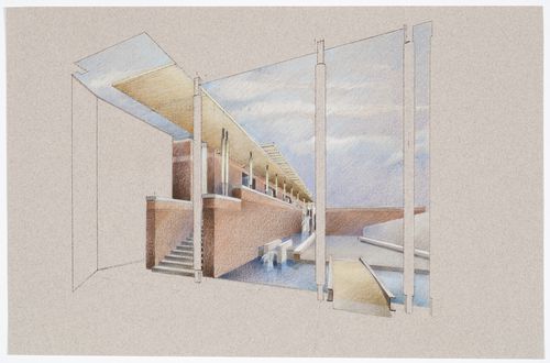 Ledbury Park, North York, Toronto, Ontario: Perspective for the change room building, the porch and the fountain