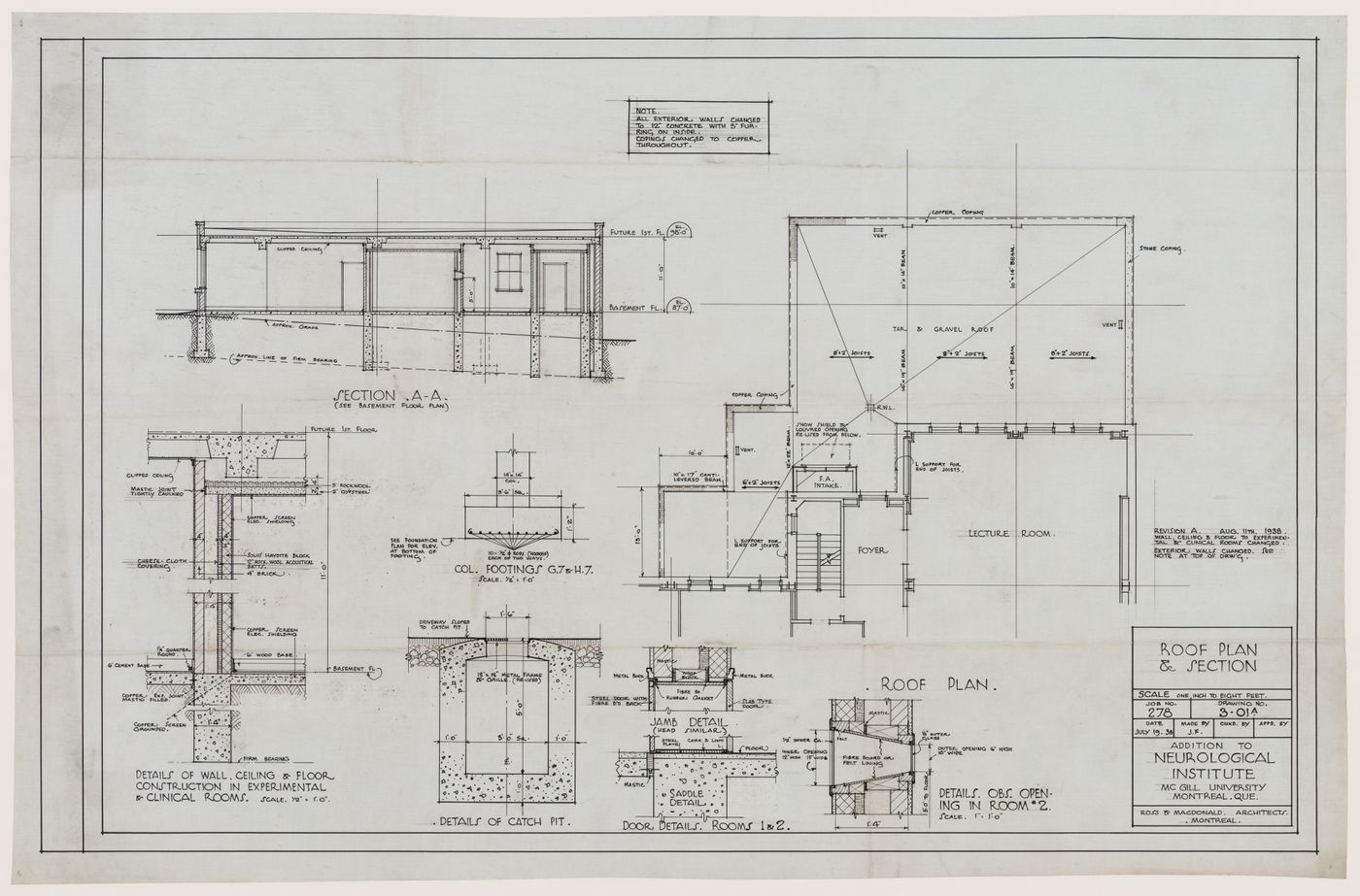 Roof plan and section for addition to Neurological Institute, McGill University, Montreal, Québec