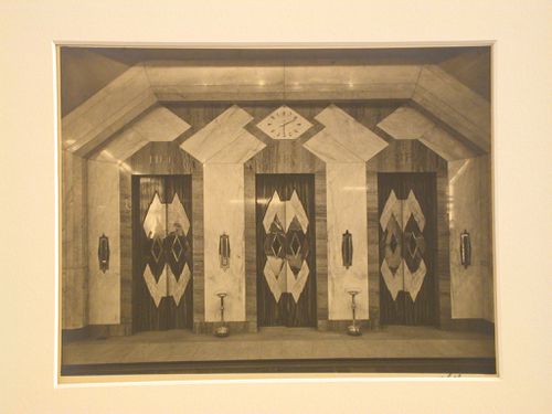 Interior, detail of three elevators and clock, Strand Palace Hotel, London, England