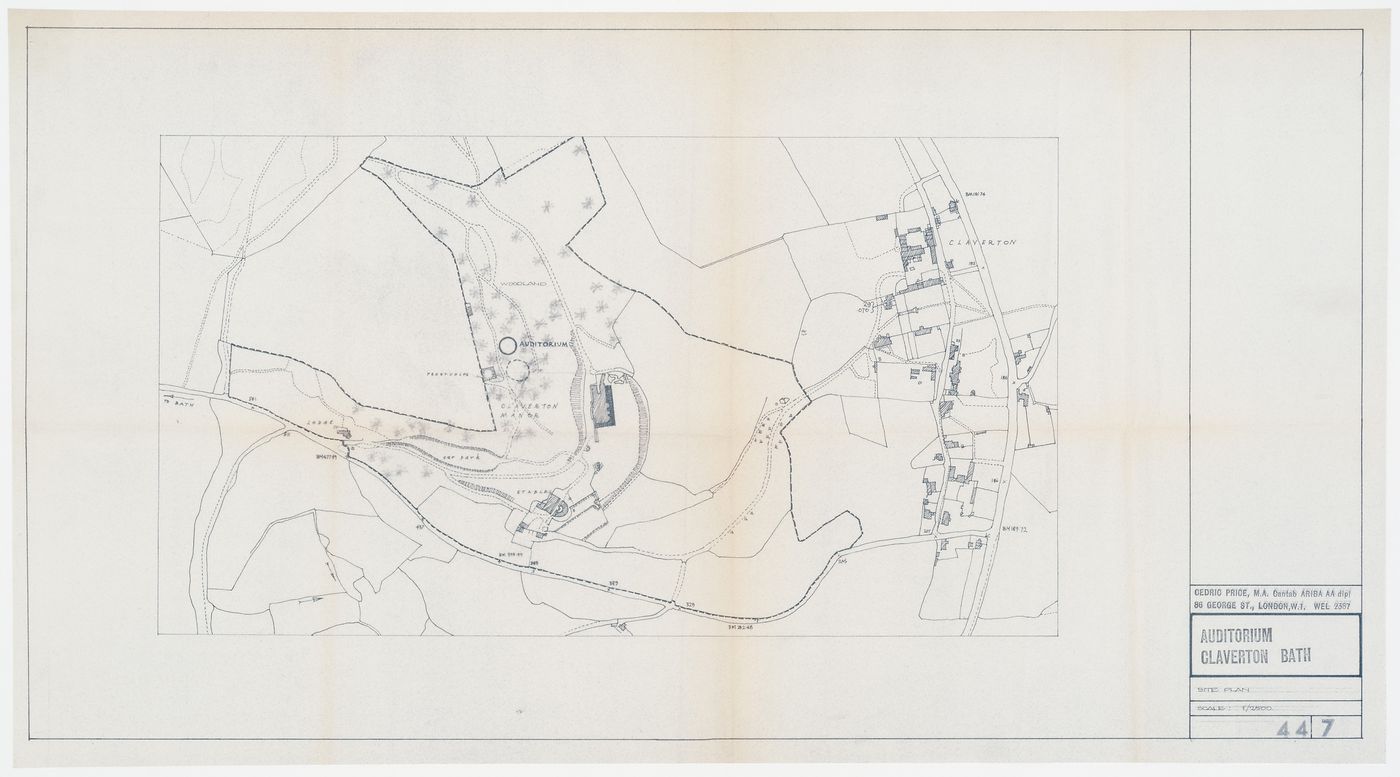 Site plan for an auditorium on the grounds of Claverton Manor, Bath, England