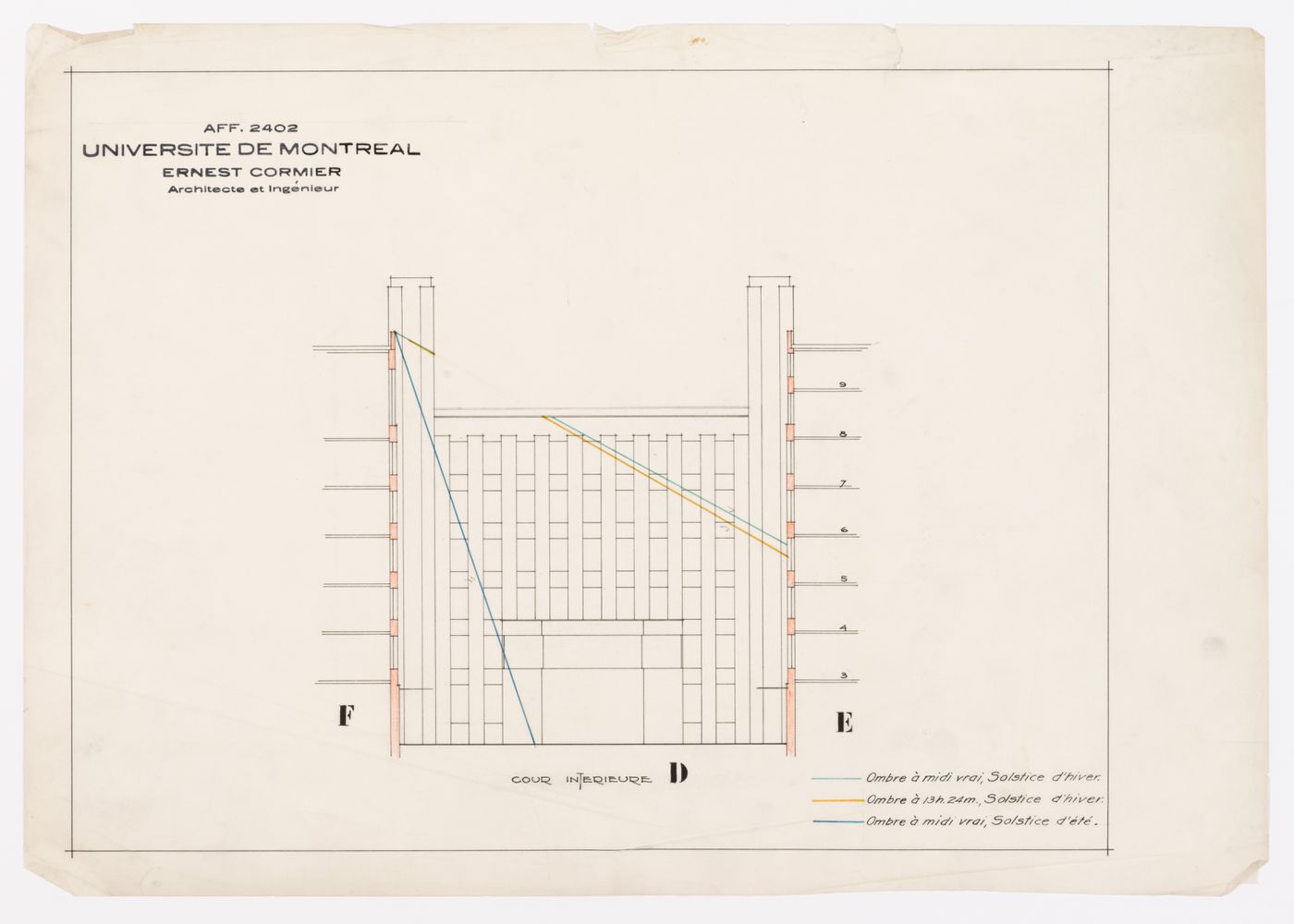 Diagramme de l'ombre pour la cour intérieure, Pavillon principal et campus, Université de Montréal, Montréal, Canada (1924-1947)