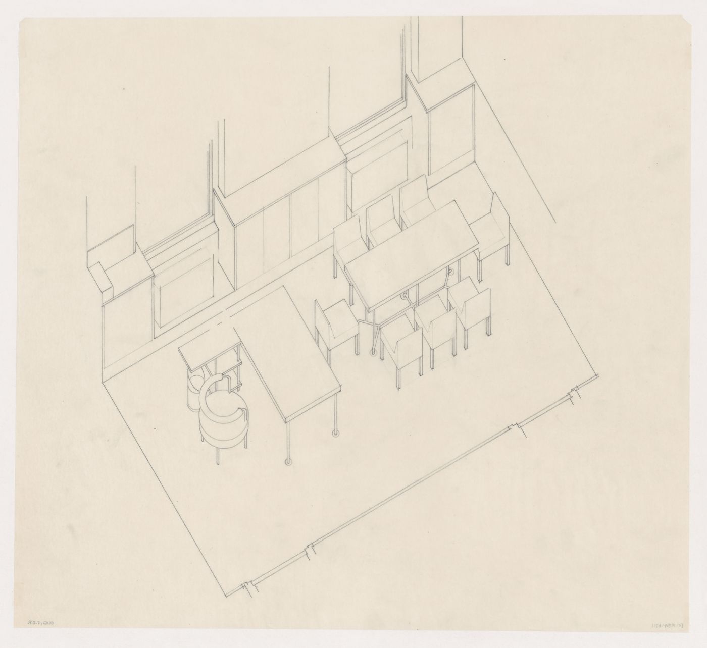 Axonometric for furniture for M.J.I. de Jonge van Ellemeet's office in Rotterdam City Hall, Netherlands