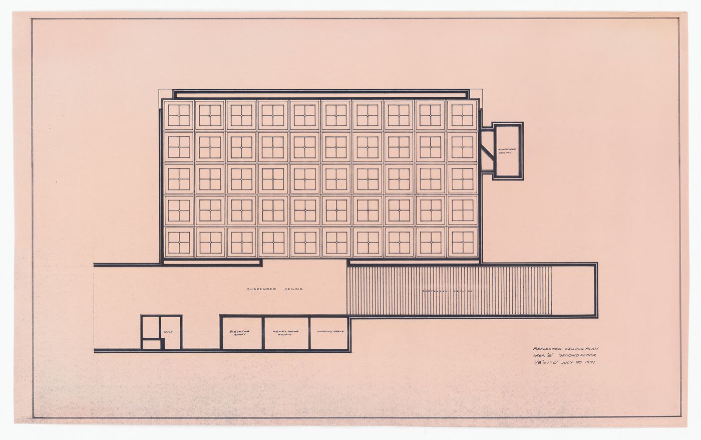 Area B second floor reflected ceiling plan for Henry Moore Sculpture Centre, Art Gallery of Ontario, Stage I Expansion, Toronto