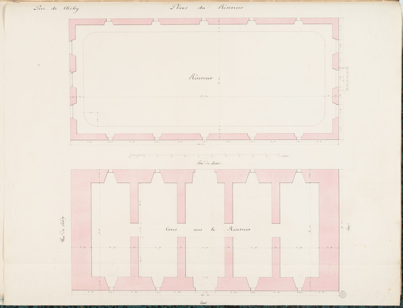 Plans for the "caves" and the basin of a reservoir, Parc de Clichy