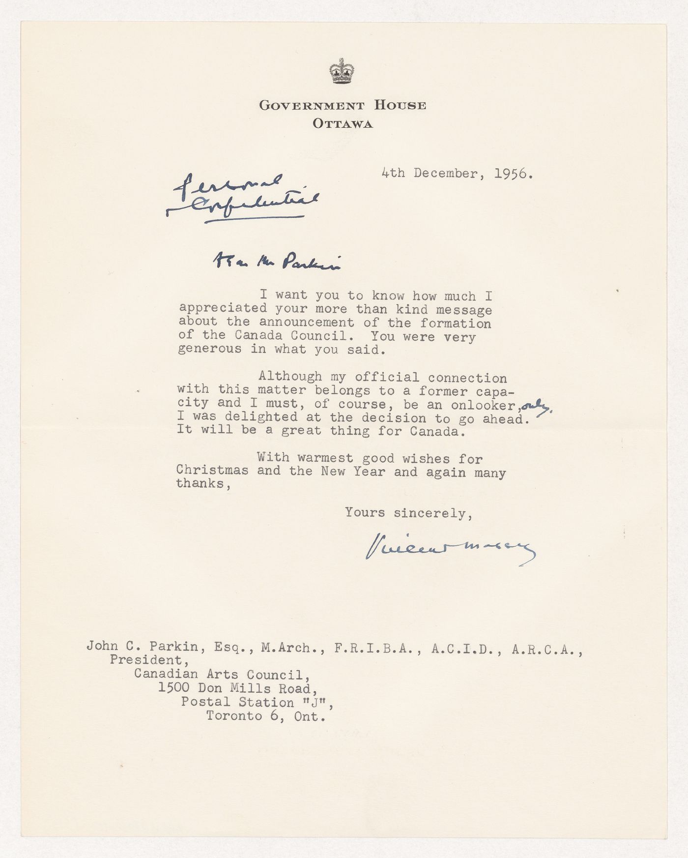 Letter from Governor General Vincent Massey to Parkin on formation of Canada Council