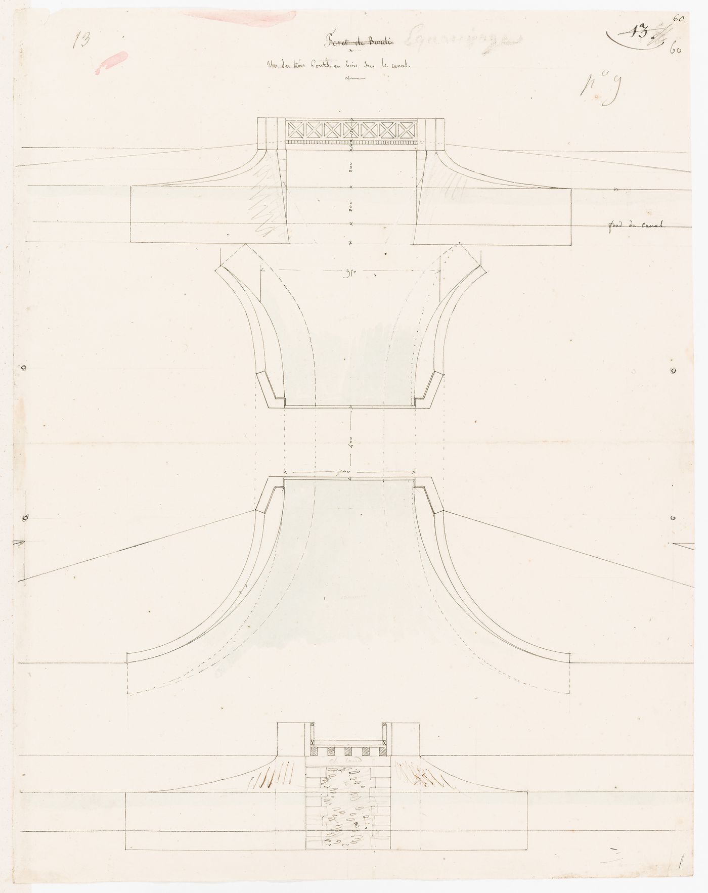 Project for Clos d'équarrissage, fôret de Bondy: Plan, elevation, and section for a wooden bridge