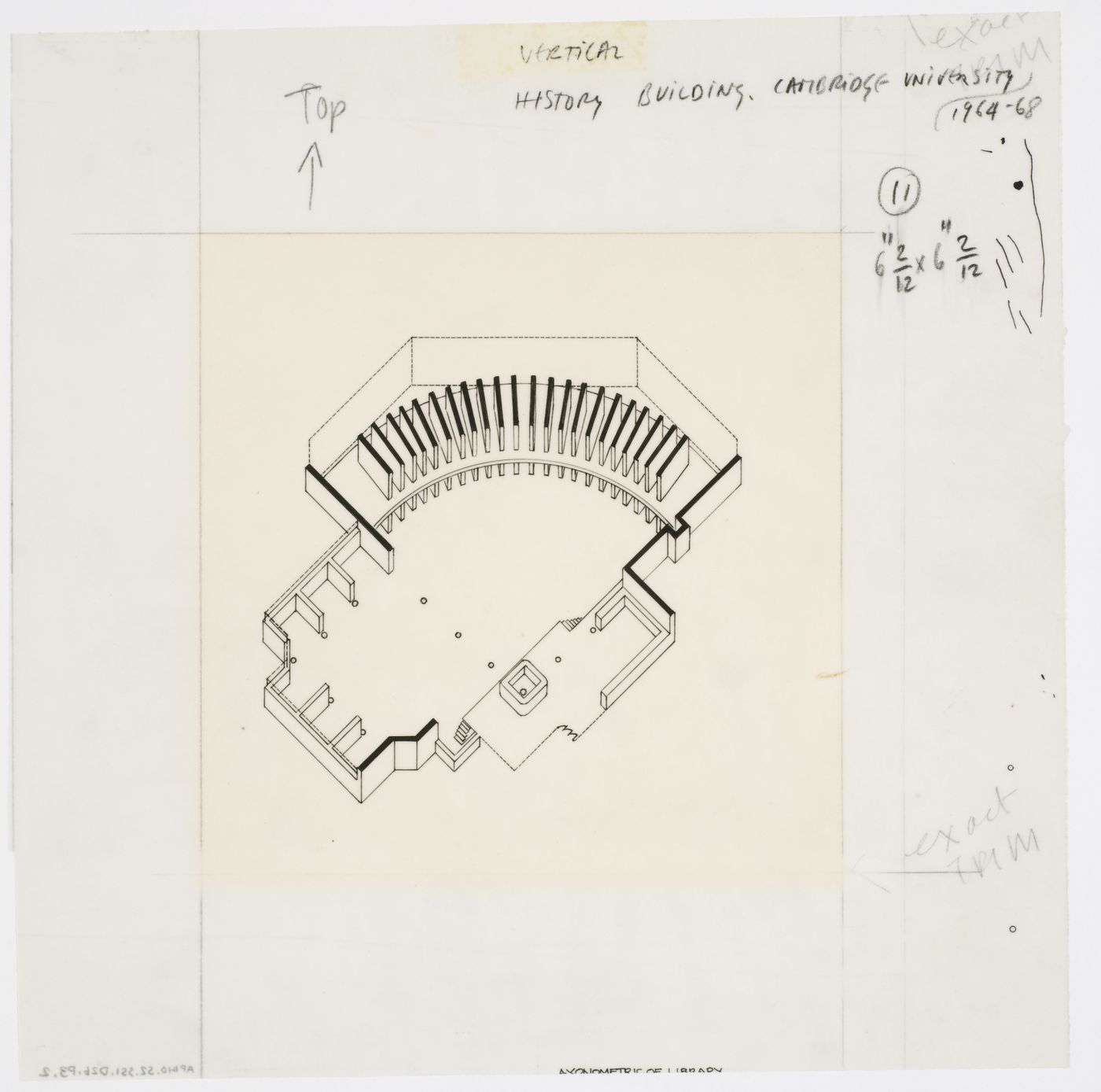 Cutaway axonometric for library and radial bookstacks, History Faculty Building, University of Cambridge, Cambridge, England