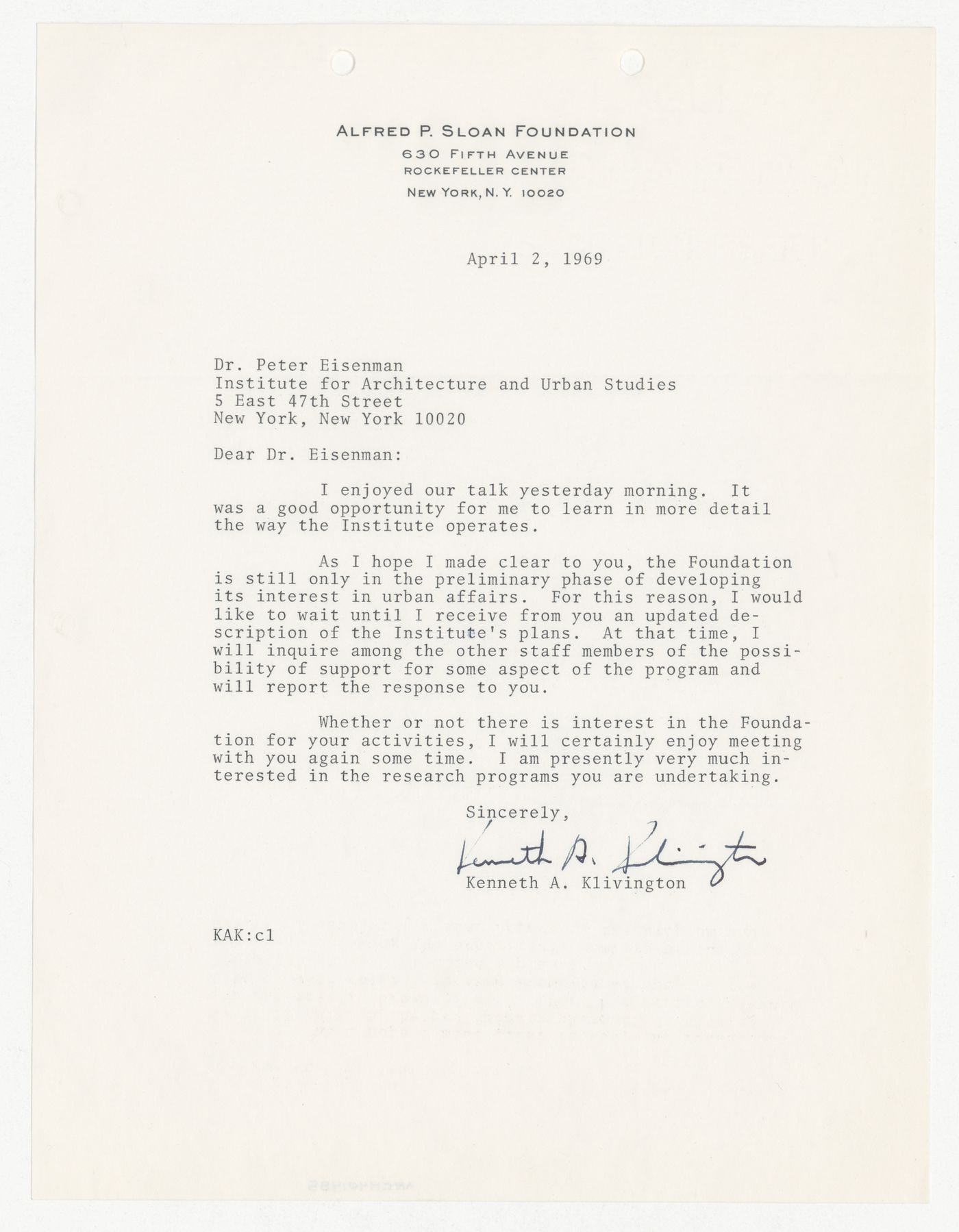 Letter from Kenneth A. Klivington to Peter D. Eisenman about support for IAUS