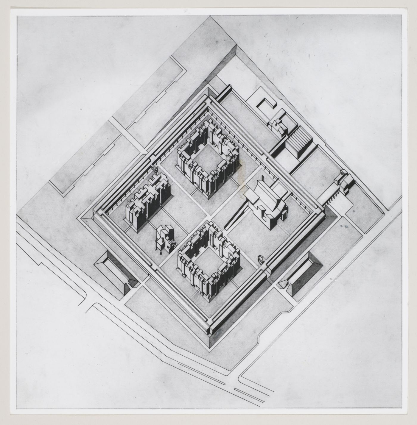 Churchill College, University of Cambridge, Cambridge, England: view of axonometric