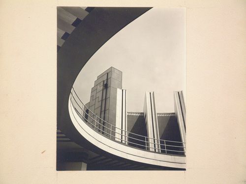 View of the Inner Court [?] of the Hall of Science looking up showing a tower in the background, 1933-1934 Chicago Century of Progress Exhibition, Burnham Park (now Meigs Field), Chicago, Illinois