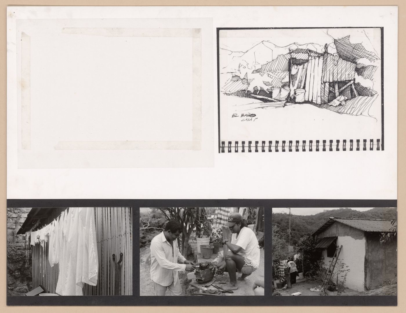 Presentation panel with sketchbook page and photographs of houses and its residents for the Urban Upgrading project La Esperanza, in Zihuatanejo, Mexico