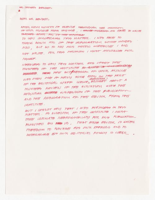 Draft letter from Peter D. Eisenman to Thomas Bender about retraction of Bender's letter from Skyline