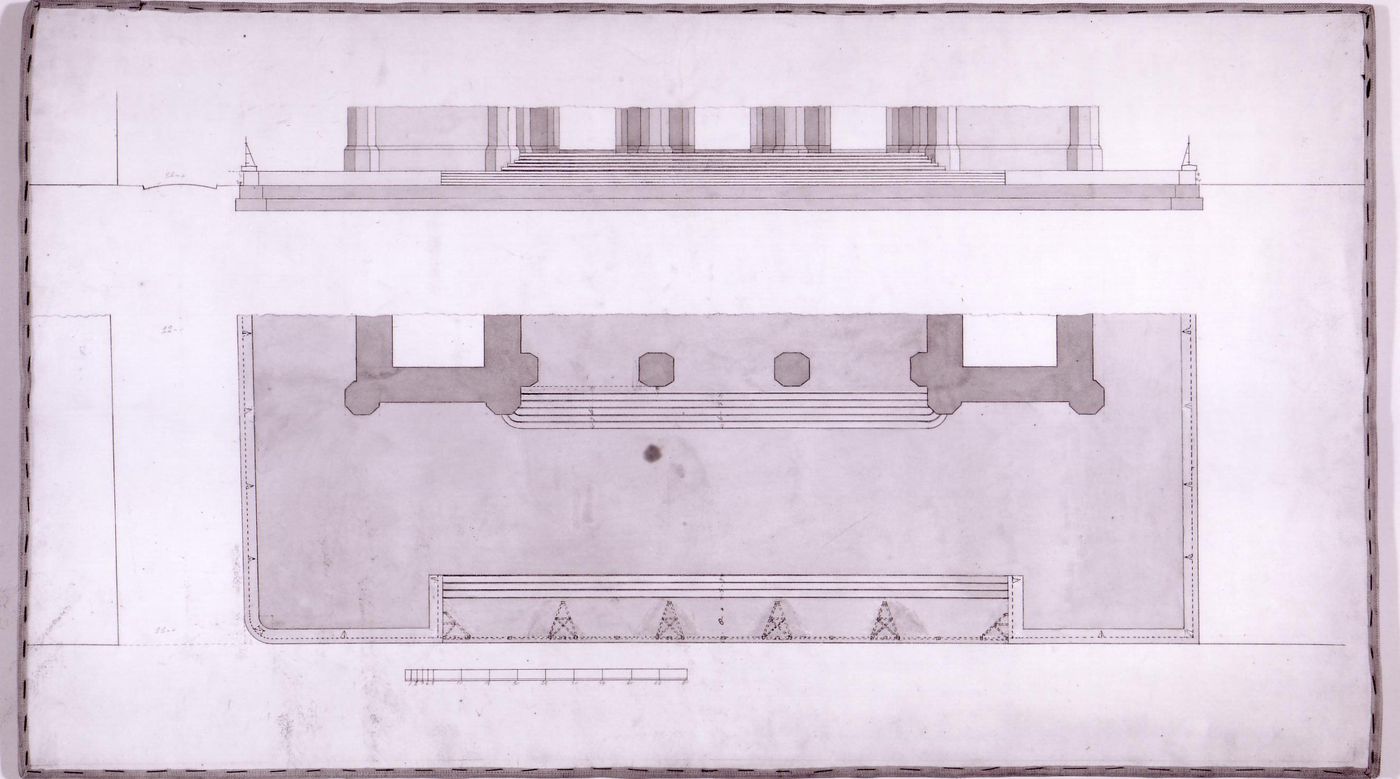 Plan and elevation for the principal entrance and stairs for Notre-Dame de Montréal