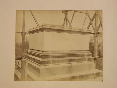 Close-up view of the pedestal for the podium for the statue of the Prince Consort, Albert Memorial construction site, Hyde Park, London, England