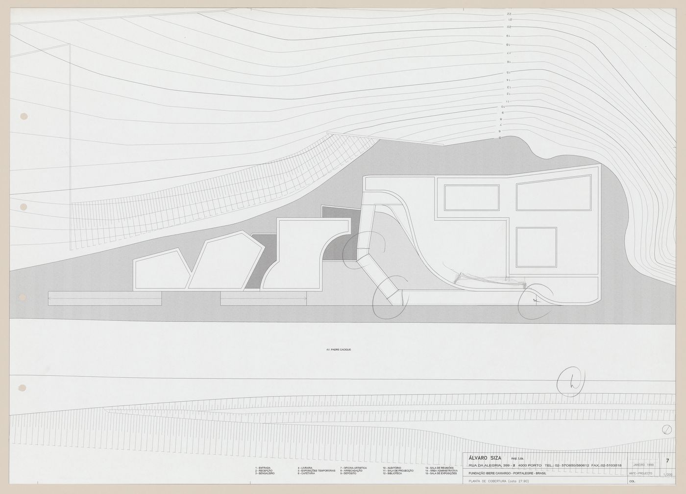 Roof plan with annotations for C. Cultural e Audit. para a Fundação Iberê  Camargo [Iberê  Camargo Foundation Museum], Porto Alegre, Brazil