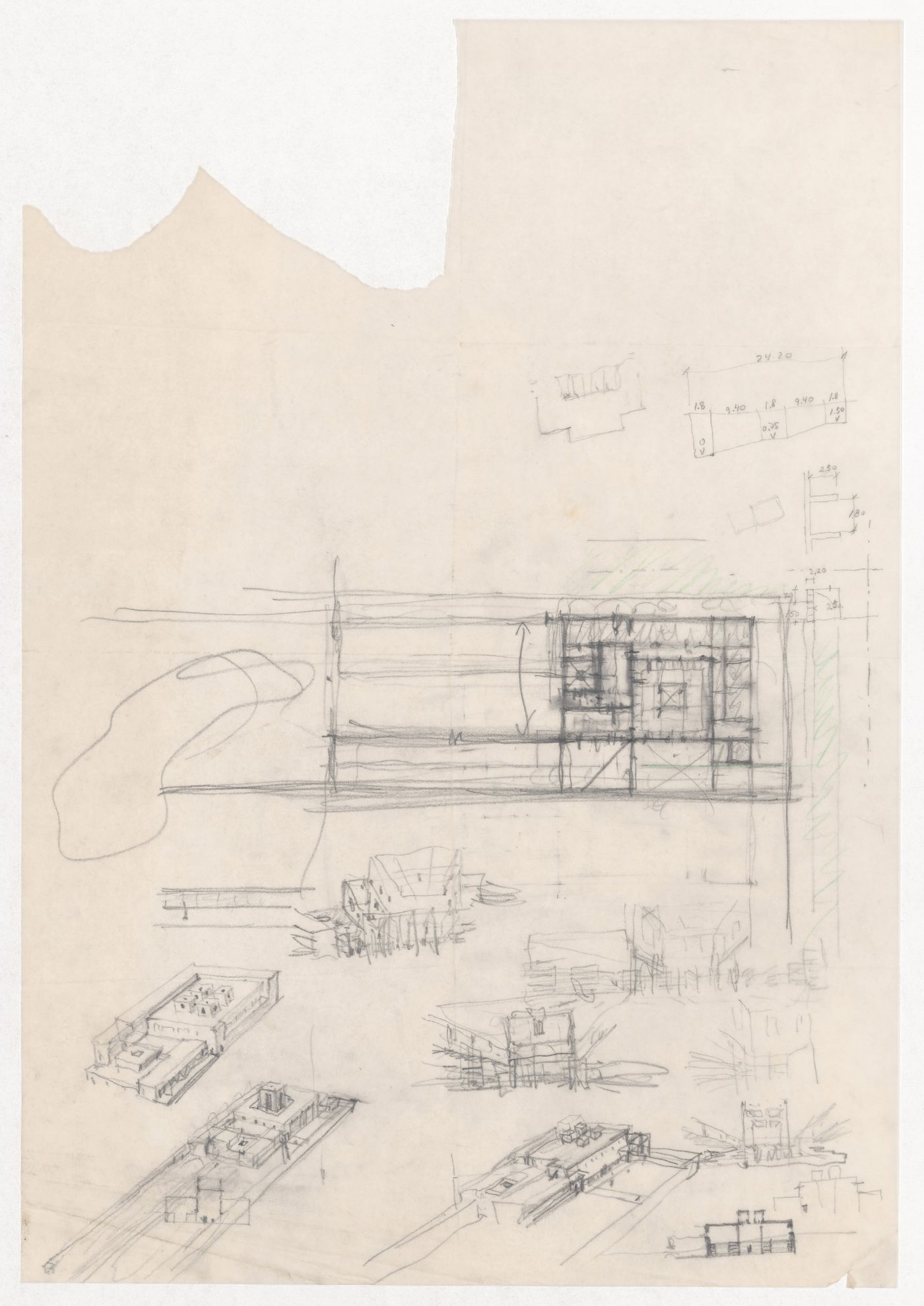 Sketch plans, perspectives and axonometric views for Centro Cultural de Sines, Sines, Portugal