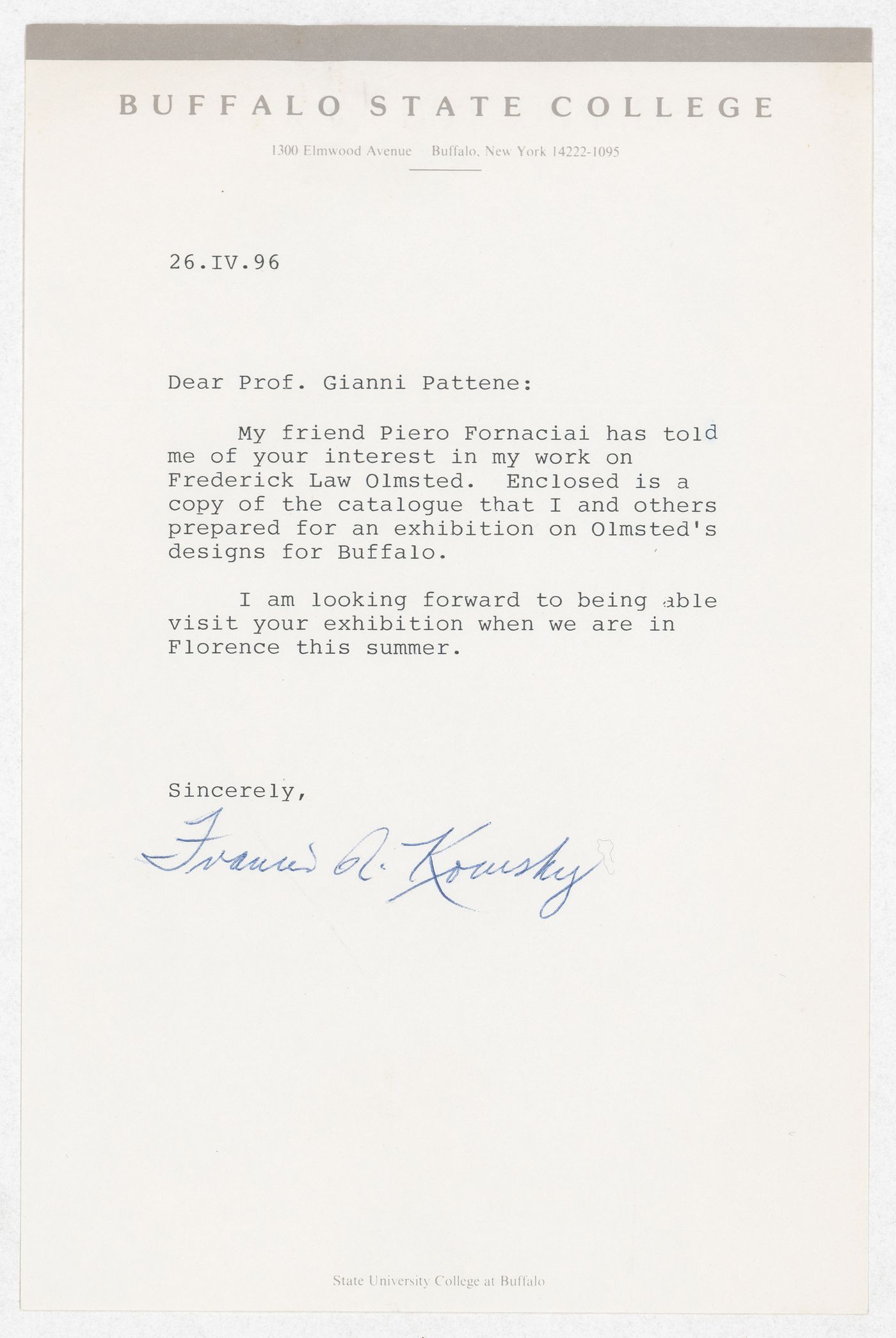 Correspondence with Francis R. Kowsky at Buffalo State College for the exhibition Olmsted: L'origine del parco urbano e del parco naturale contemporaneo