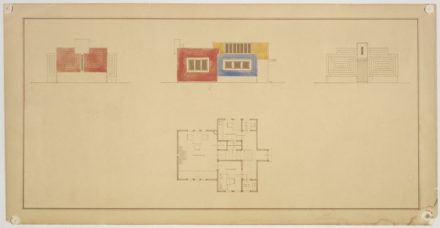 Elevations and ground floor plan for a temporary construction administration building, Oud-Mathenesse Quarter, Rotterdam, Netherlands