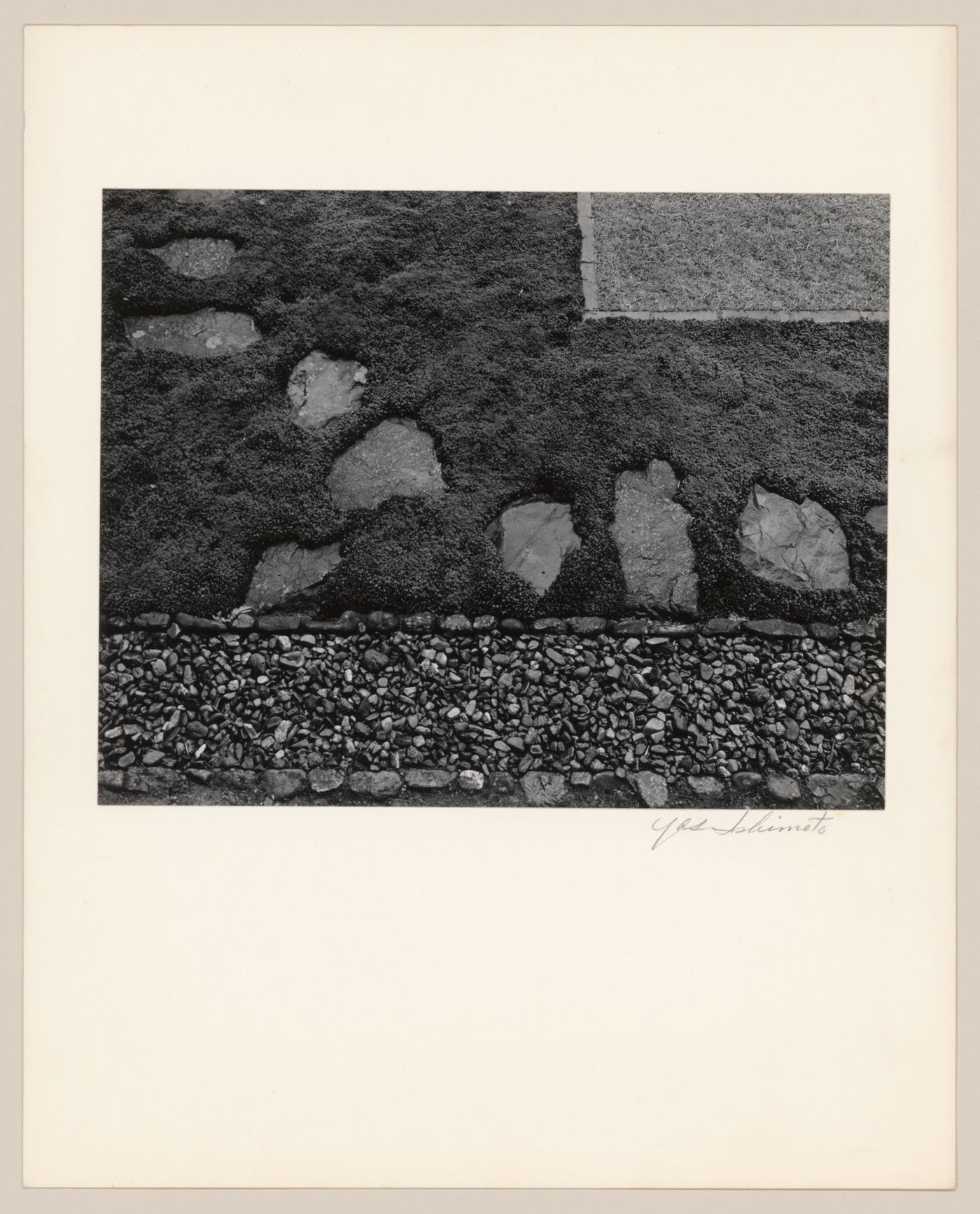 Detail of an eaves gutter, stepping-stones and moss in front of the Music Room, Katsura Rikyu (also known as Katsura Imperial Villa), Kyoto, Japan